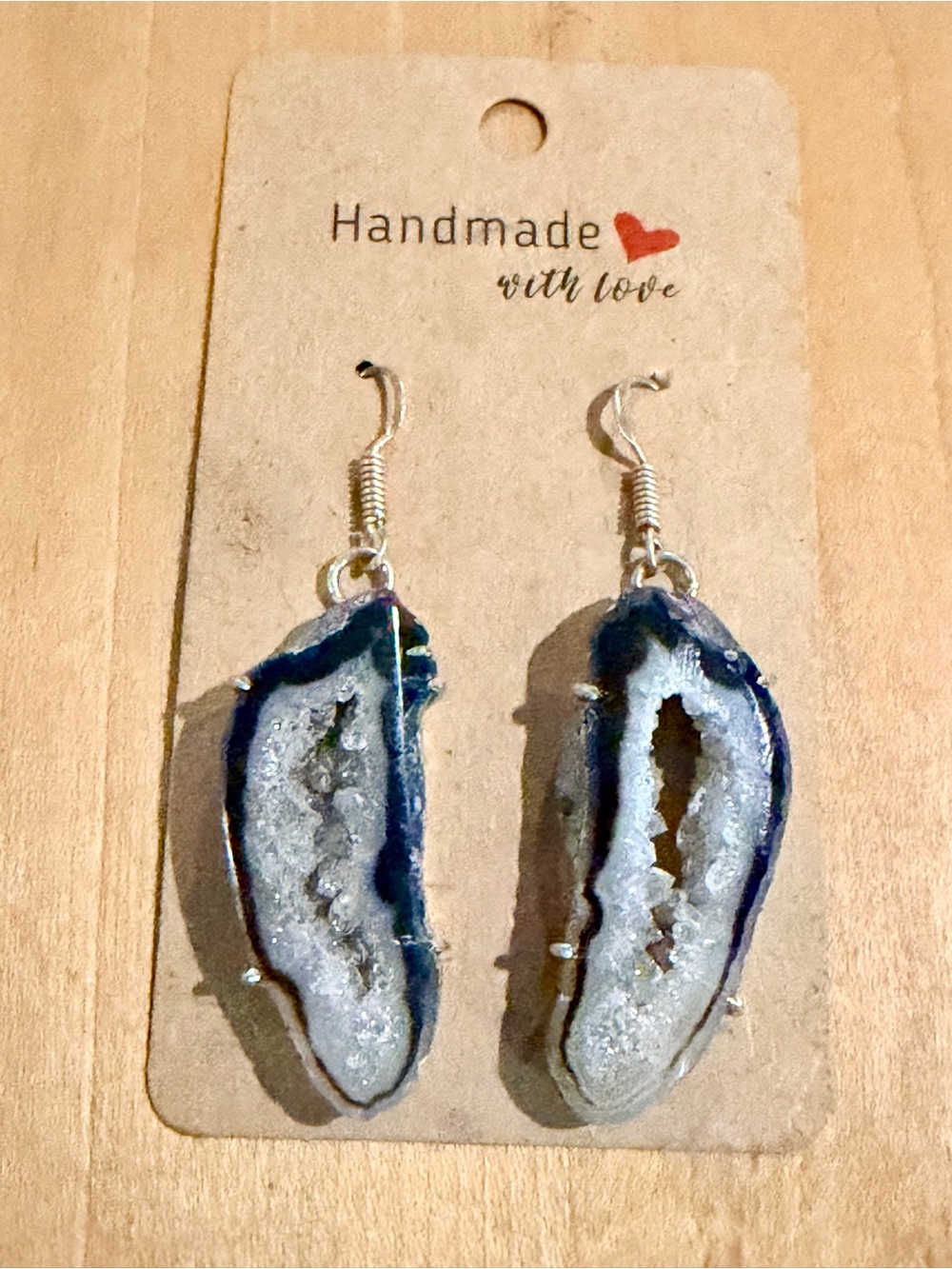 Handmade Black & White Geode Druzy Drop Earrings - 925 Plated/Stamped